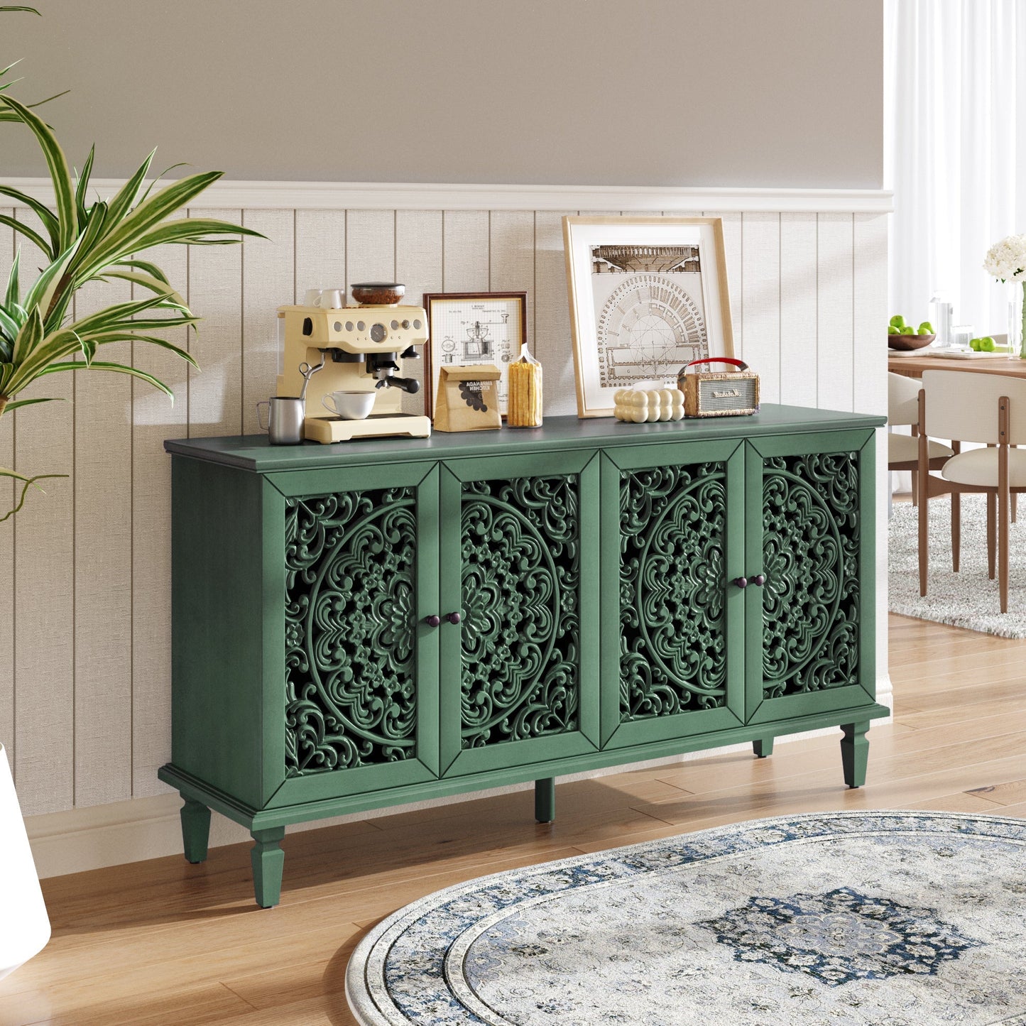 60-inch antique buffet cabinet with floral carved panels in green finish on Tampa Home & Garden Store