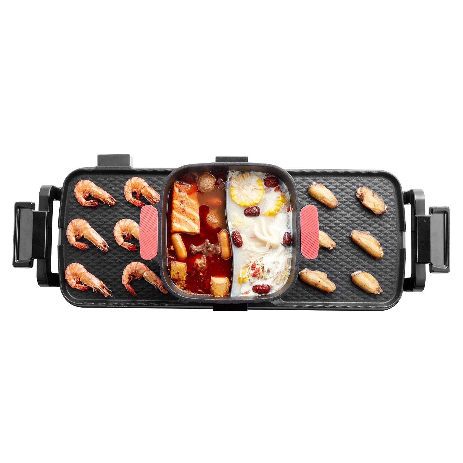 2-in-1 electric smokeless hot pot grill pan with removable pot and shrimp on Tampa Home & Garden Store