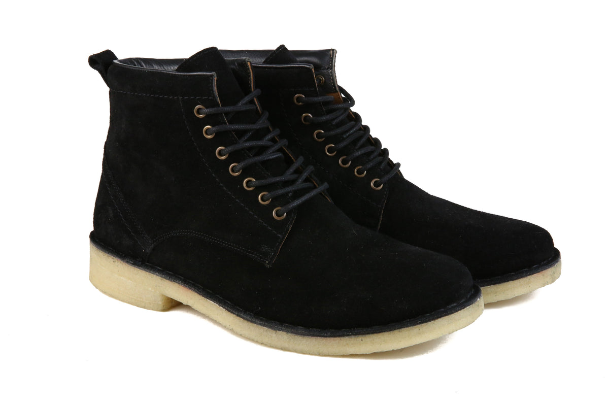 Hound & Hammer The Hunter black suede boots pair with brass eyelets and cream crepe sole on Tampa Home & Garden Store