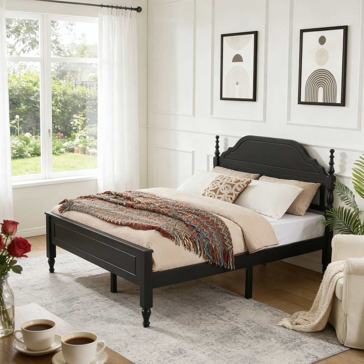 Elegant queen bed with padded headboard insert in black finish, classic panel frame on Tampa Home & Garden Store