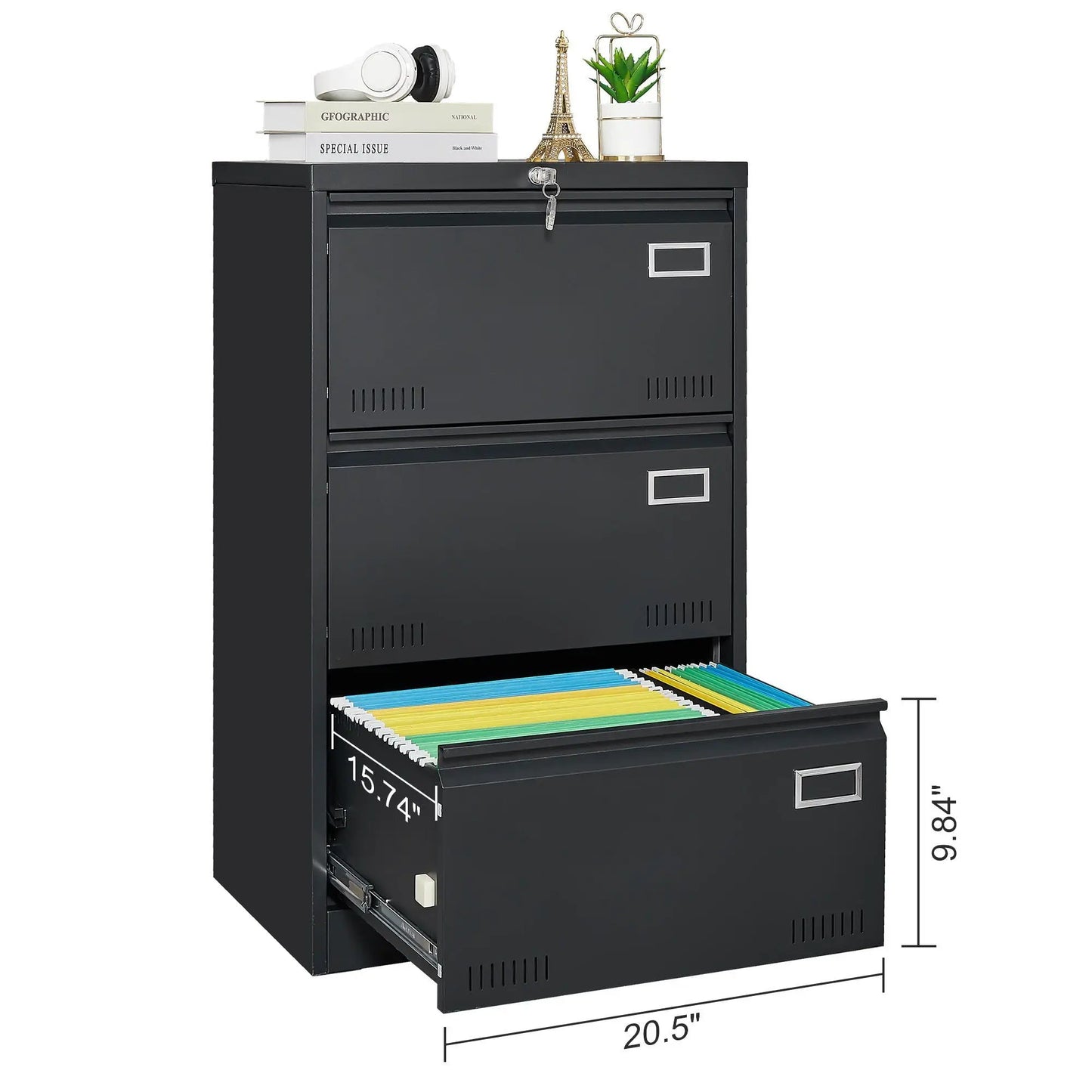 Three-drawer locking filing cabinet in black metal by Unique Piece Furniture with key lock on Tampa Home & Garden Store