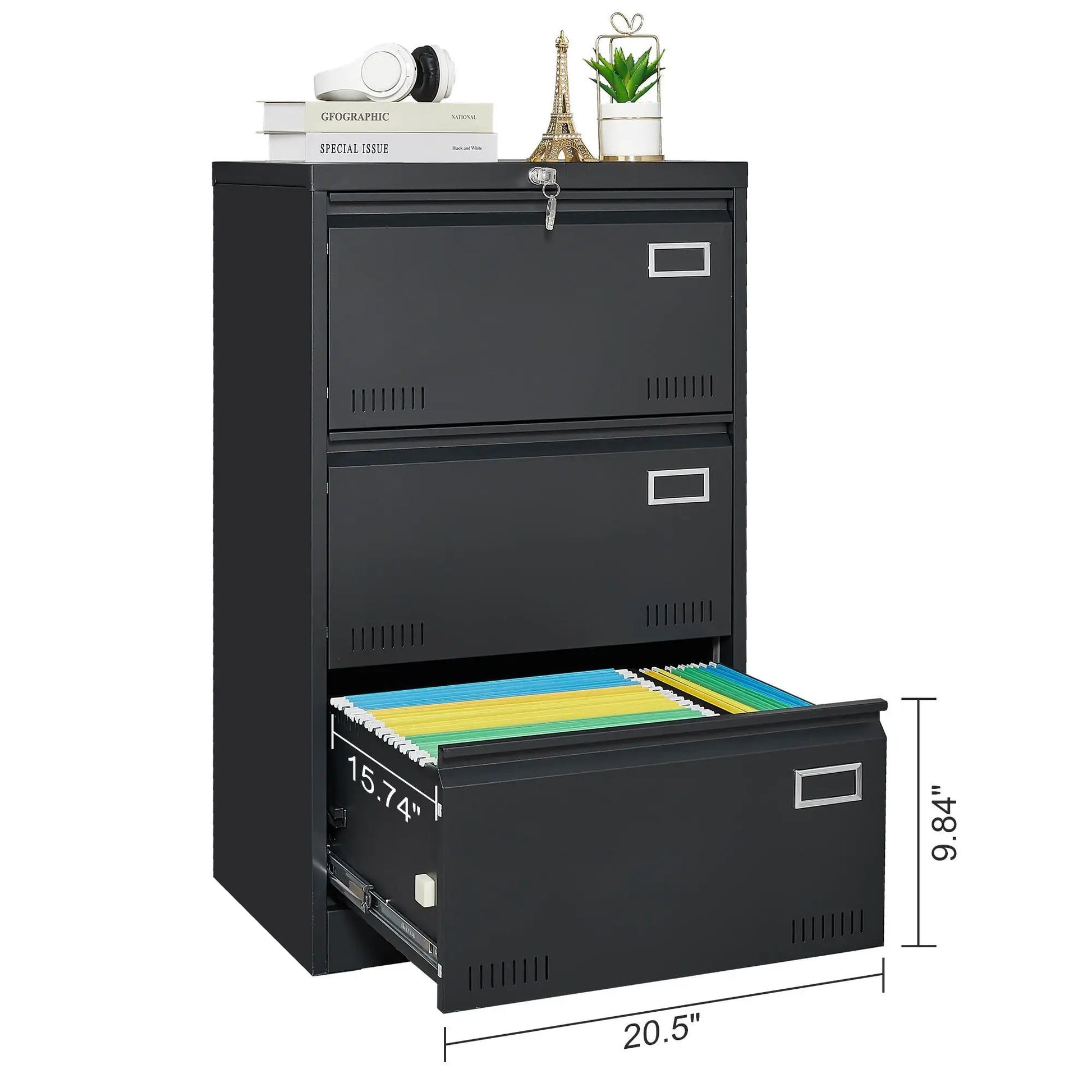Three-drawer locking filing cabinet in black metal by Unique Piece Furniture with key lock on Tampa Home & Garden Store