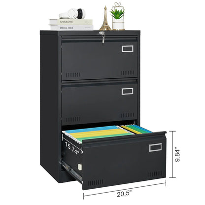 Three-drawer locking filing cabinet in black metal by Unique Piece Furniture with key lock on Tampa Home & Garden Store