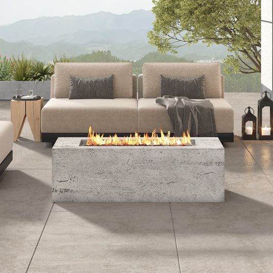 U_STYLE outdoor rectangular propane fire pit 41.9in 40k BTU with beige seating and lanterns on Tampa Home & Garden Store