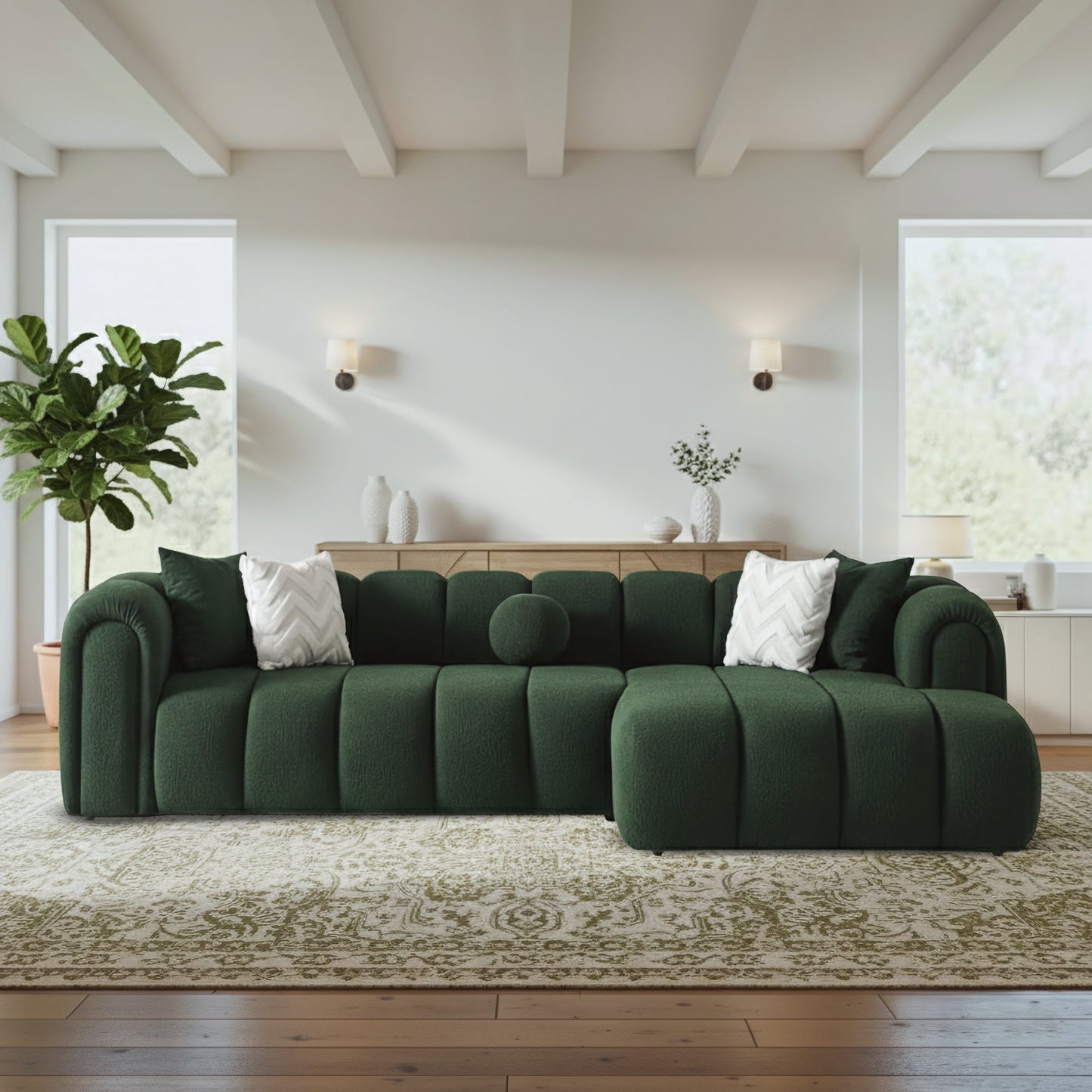 Beatrice Modern Tufted Dark Sectional sofa in dark green velvet with tufted cushions by HouseOfZazla on Tampa Home & Garden Store