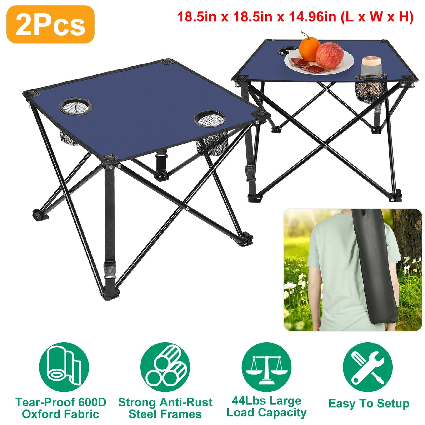 GemGear 2Pcs foldable camping tables blue tops with cup holders and mesh pockets on Tampa Home & Garden Store