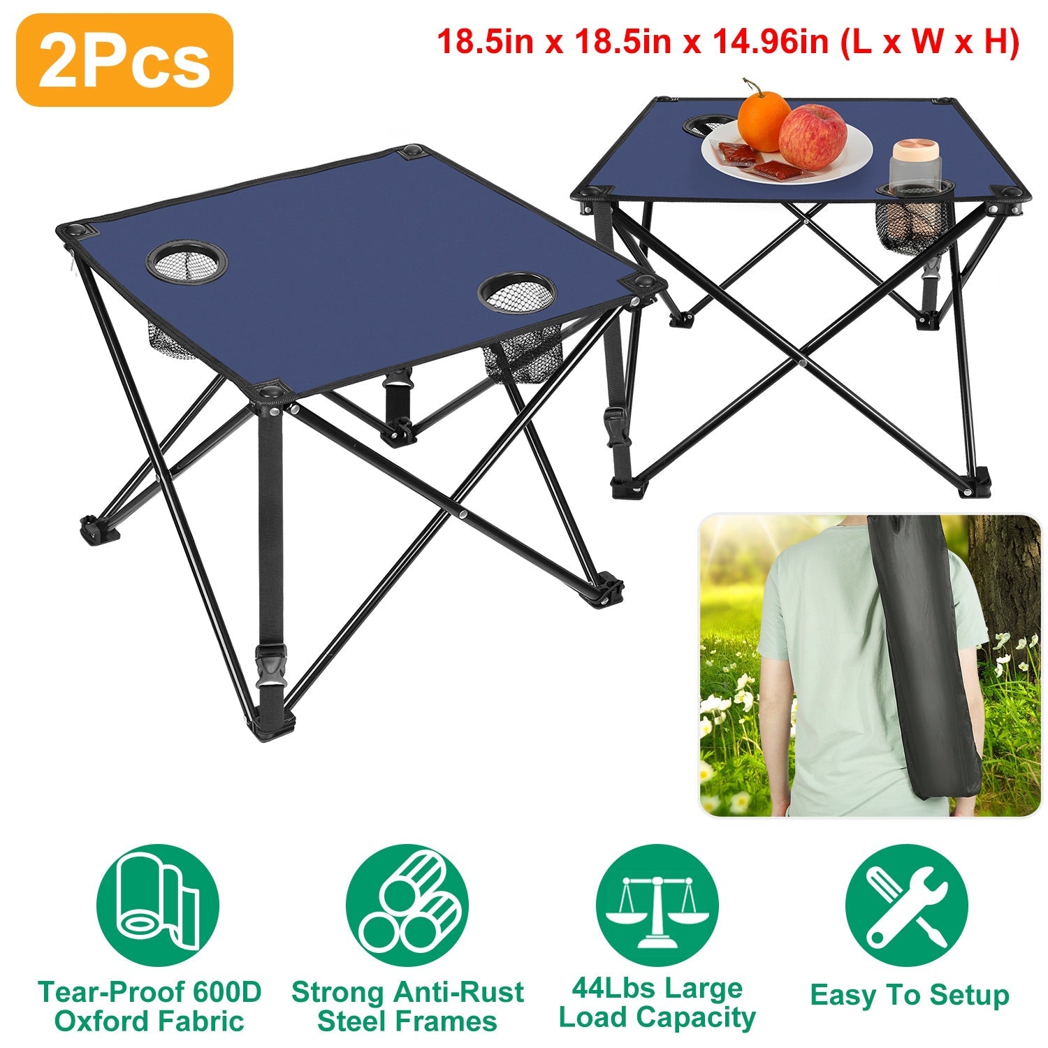 GemGear 2Pcs foldable camping tables blue tops with cup holders and mesh pockets on Tampa Home & Garden Store