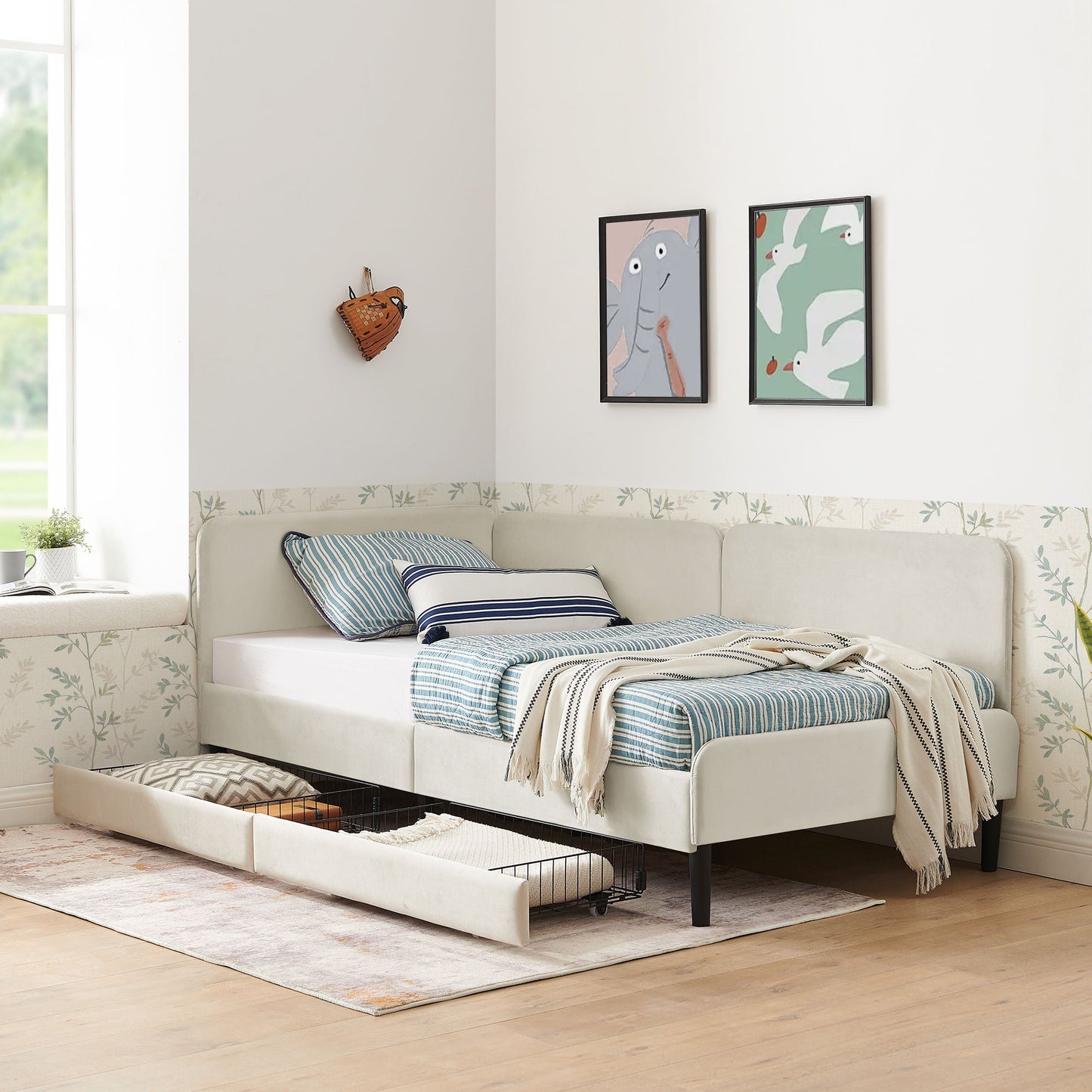 Upholstered Platform Sofa Bed with Drawers