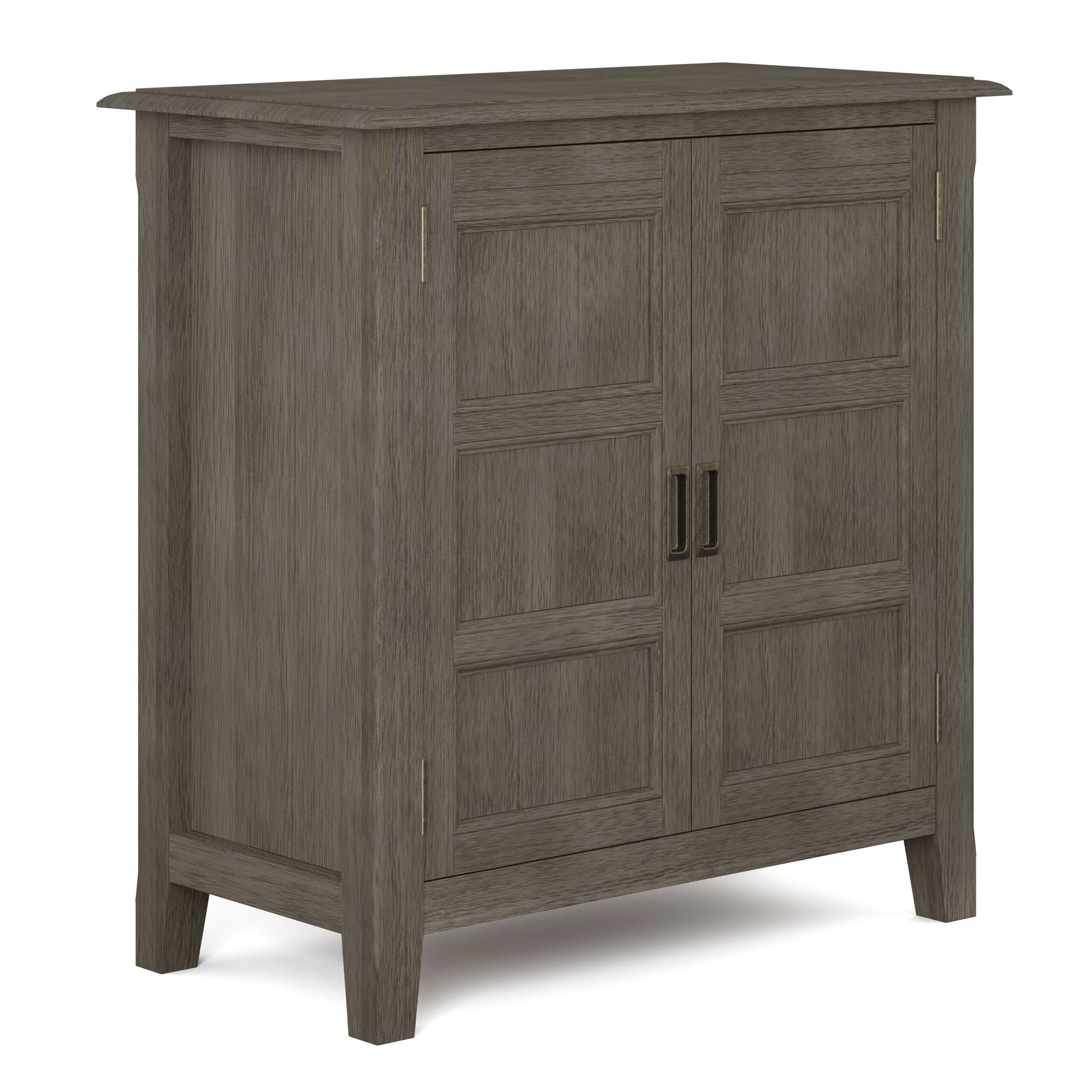 Burlington Handcrafted Low Storage Cabinet in weathered gray finish with brass hardware on Tampa Home & Garden Store