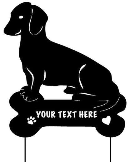 Dachshund garden stake with bone plaque, customizable text, paw print and heart icons on Tampa Home & Garden Store