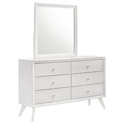 Dresser with mirror white finish, six drawers with round knobs, angled legs on Tampa Home & Garden Store