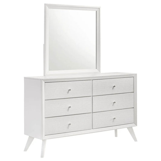 Dresser with mirror white finish, six drawers with round knobs, angled legs on Tampa Home & Garden Store