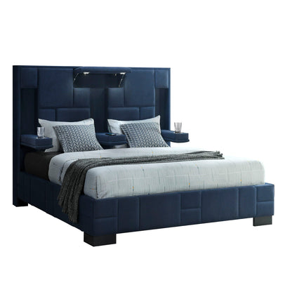 Yaris Bed navy blue upholstered bed with panel headboard and built-in side shelves on Tampa Home & Garden Store