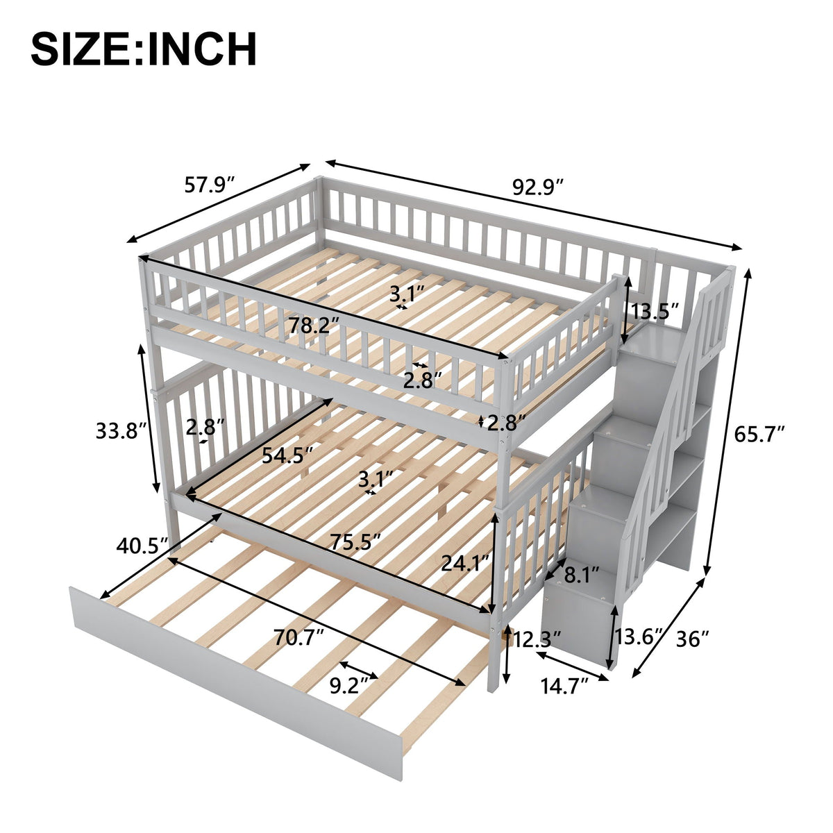 Bunk Bed With Staircase by HouseOfZazla gray painted frame with slatted beds and built in stairs on Tampa Home & Garden Store