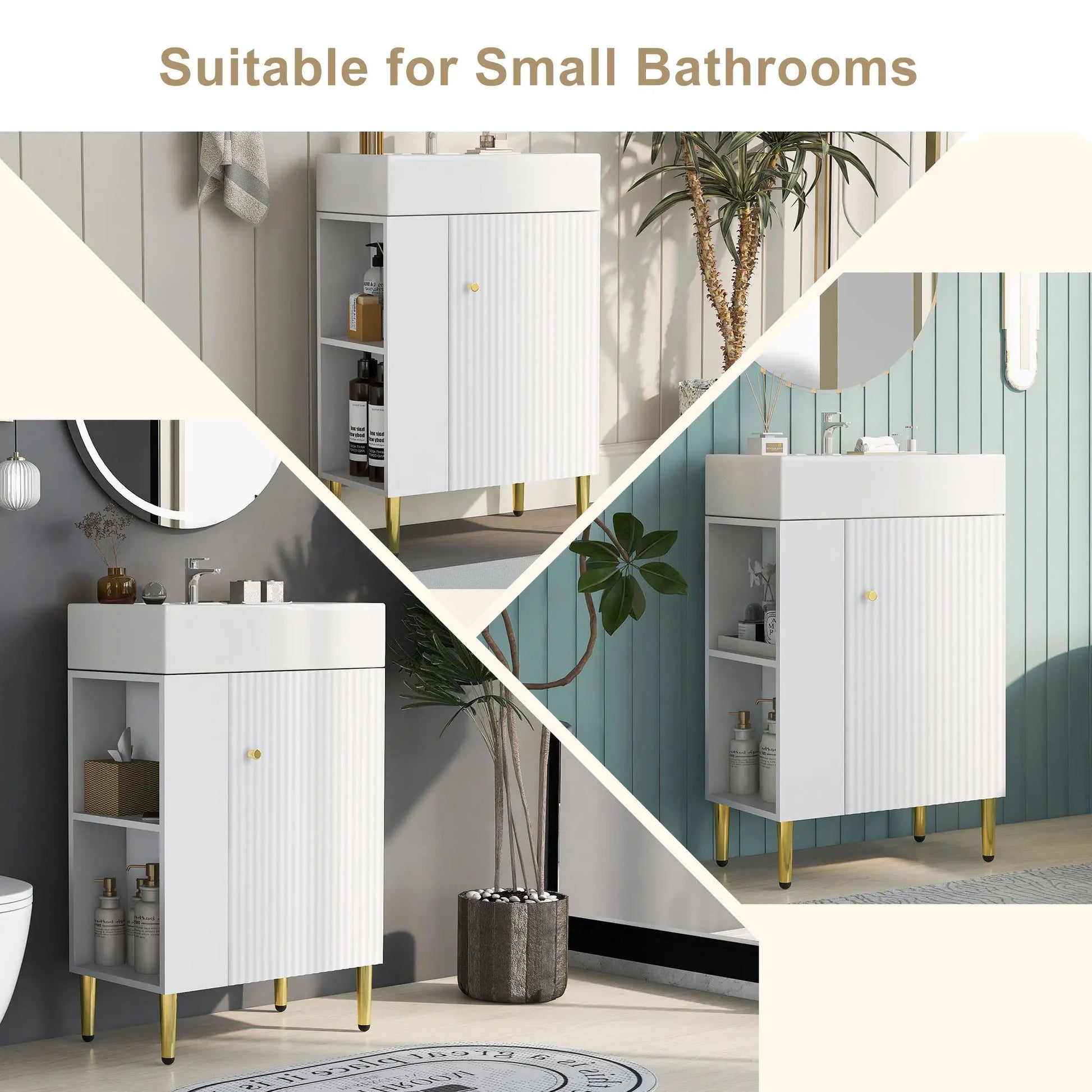Bathroom vanity combo cabinet ribbed doors, open shelf, gold legs, single ceramic sink on Tampa Home & Garden Store