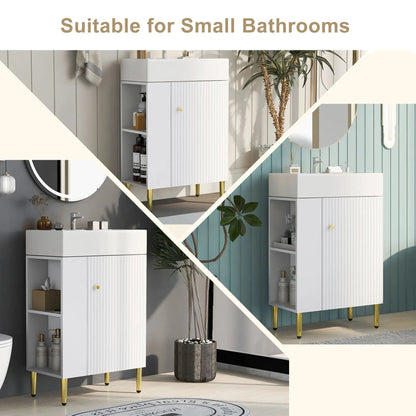 Bathroom vanity combo cabinet ribbed doors, open shelf, gold legs, single ceramic sink on Tampa Home & Garden Store