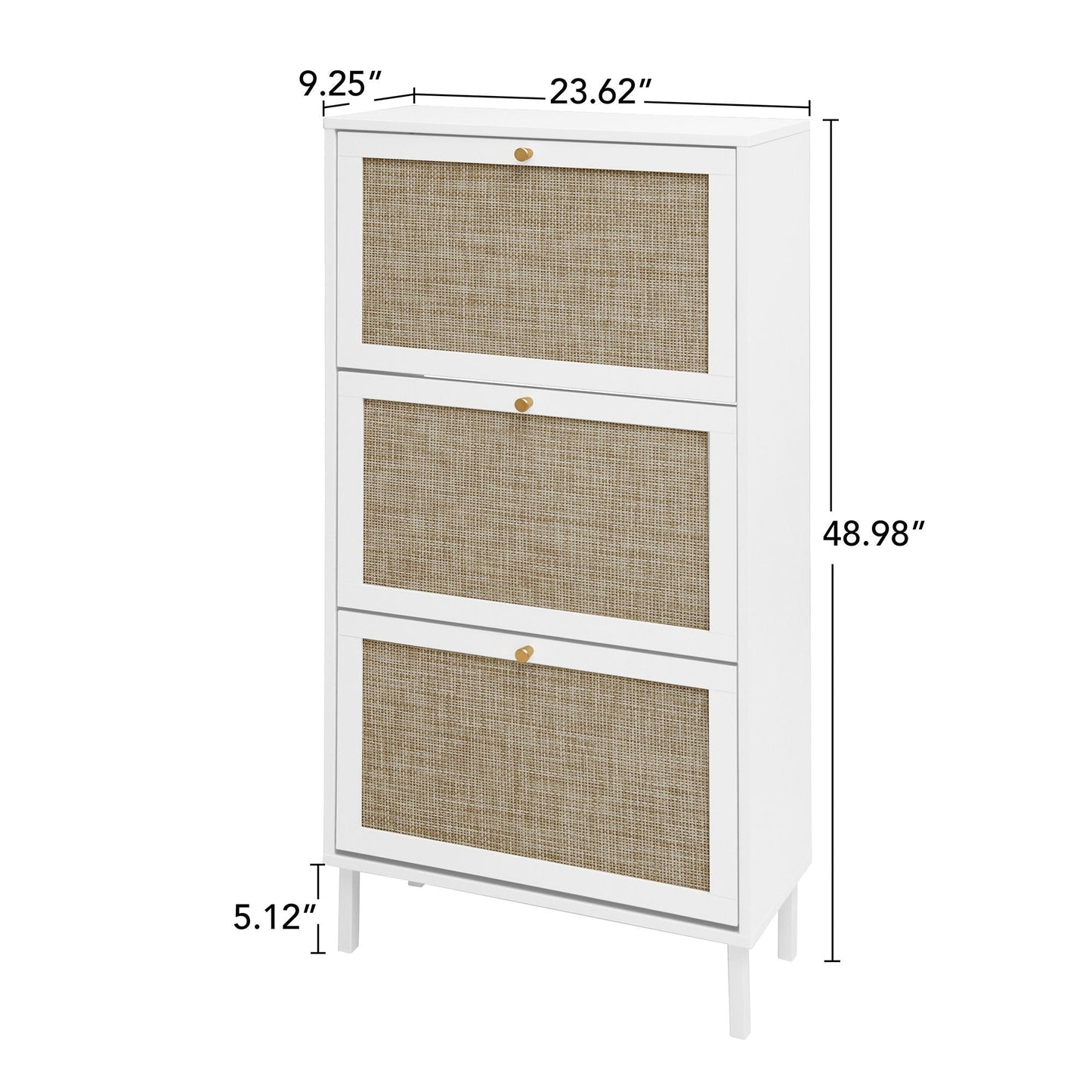 Modern Rattan 3-Door Shoe Rack Cabinet in white with woven rattan doors and gold knobs on Tampa Home & Garden Store