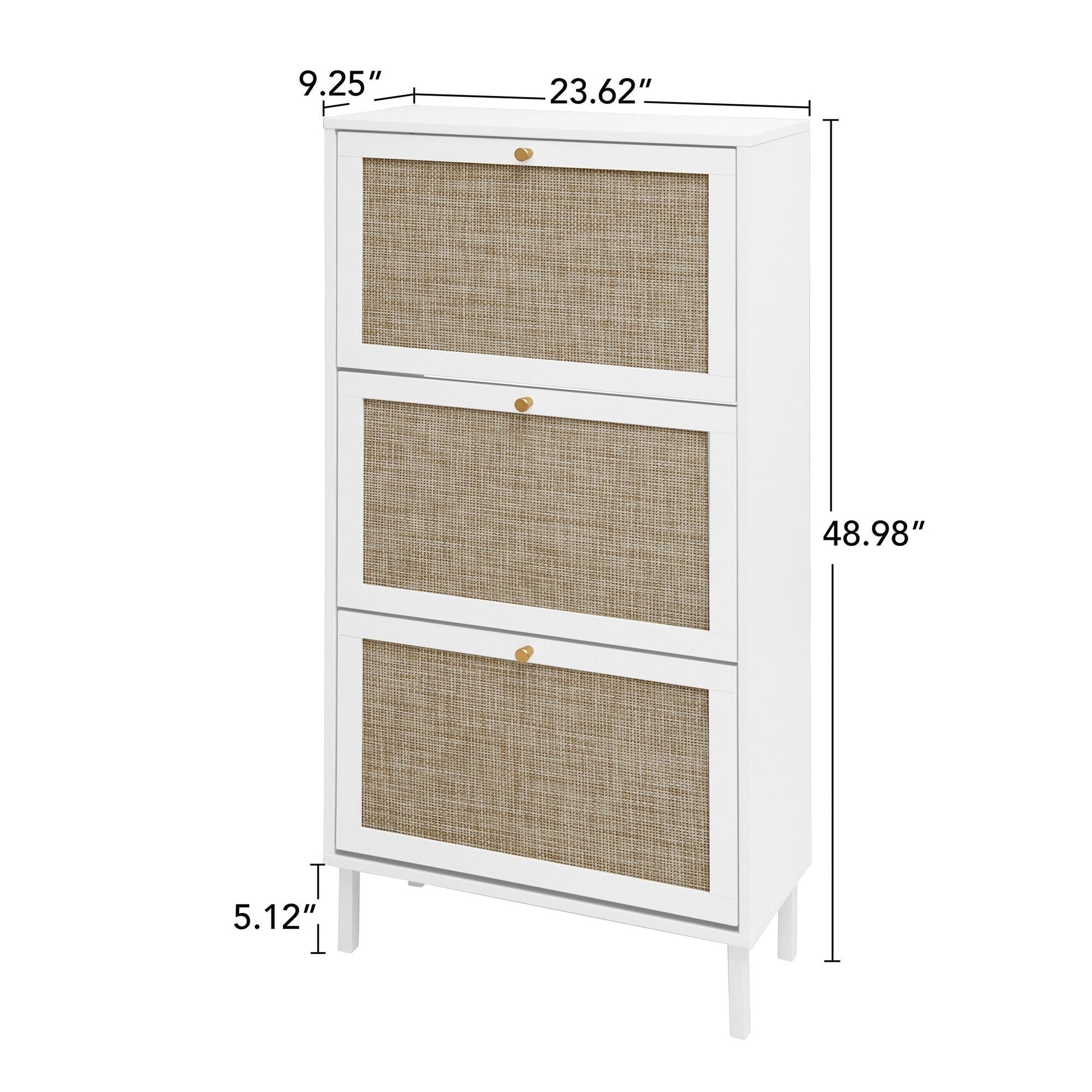 Modern Rattan 3-Door Shoe Rack Cabinet in white with woven rattan doors and gold knobs on Tampa Home & Garden Store