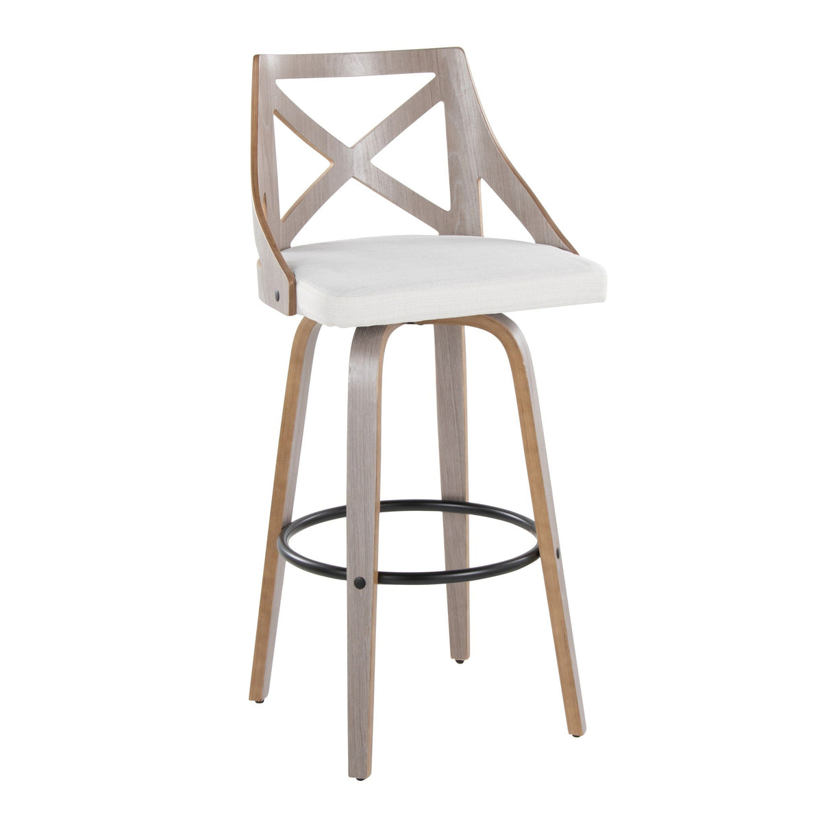 Farmhouse barstool with light gray cream upholstered seat, X-back wood frame, foot ring on Tampa Home & Garden Store
