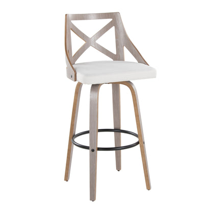 Farmhouse barstool with light gray cream upholstered seat, X-back wood frame, foot ring on Tampa Home & Garden Store