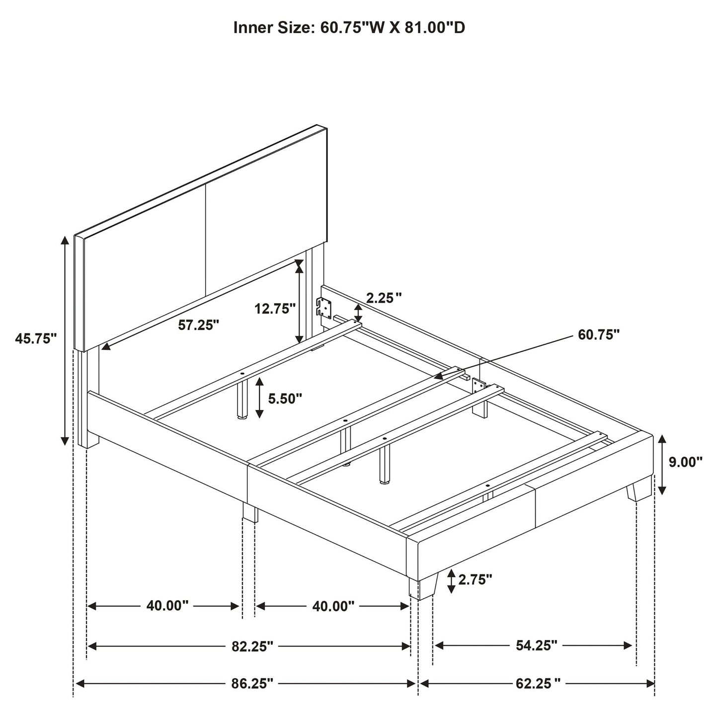 Efram Panel Bed upholstered platform bed by HouseOfZazla with dimension diagram on Tampa Home & Garden Store