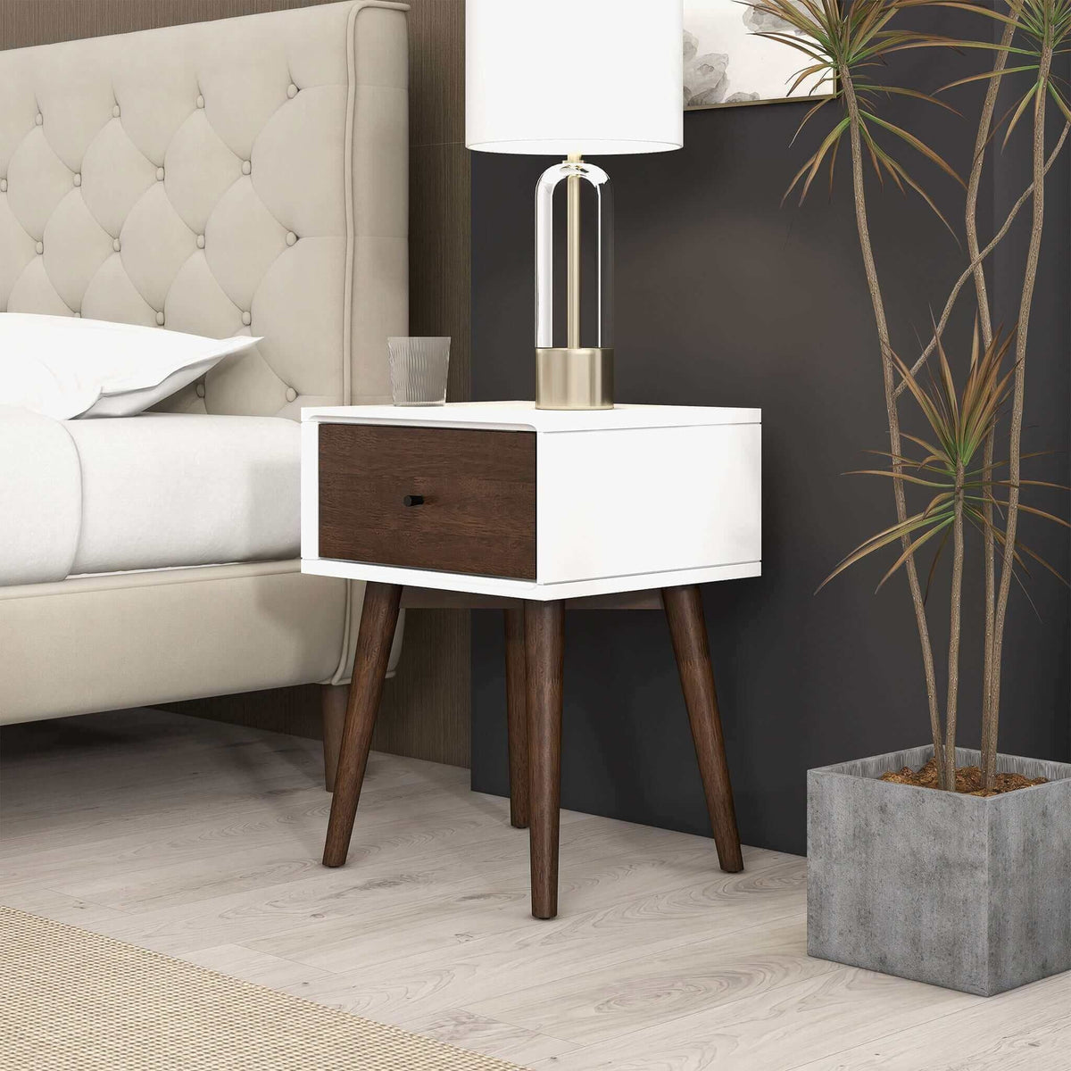 Accent nightstand HouseOfZazla white frame with dark brown wood drawer, solid wood legs on Tampa Home & Garden Store