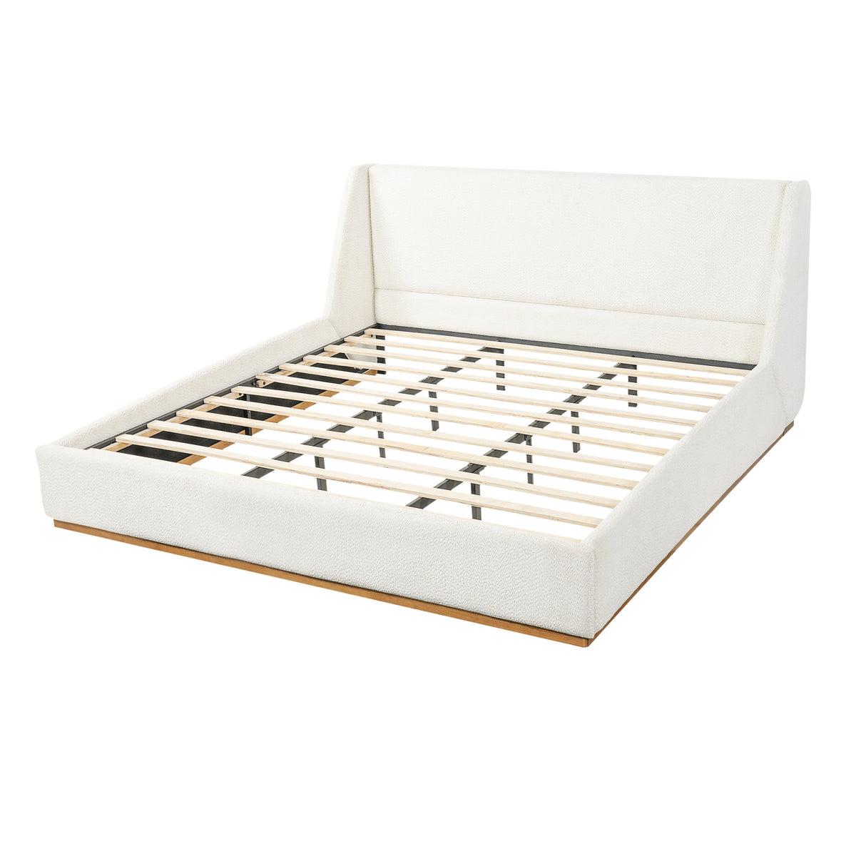 HouseOfZazla Luxury Upholstered Bed With Wings in white fabric, winged headboard and exposed slatted base on Tampa Home & Garden Store