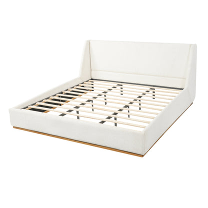 HouseOfZazla Luxury Upholstered Bed With Wings in white fabric, winged headboard and exposed slatted base on Tampa Home & Garden Store