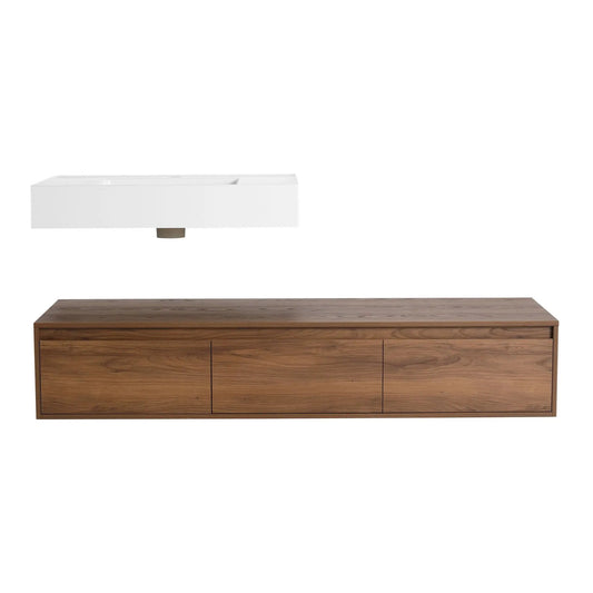 Modern wall-mounted bathroom vanity with resin sink and warm wood base, soft-close drawers on Tampa Home & Garden Store