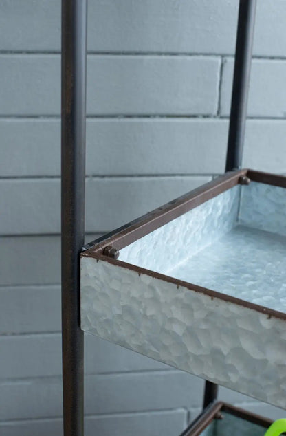 Homestead 3-tier galvanized shelf display metallic gray with brown frame etagere on Tampa Home & Garden Store