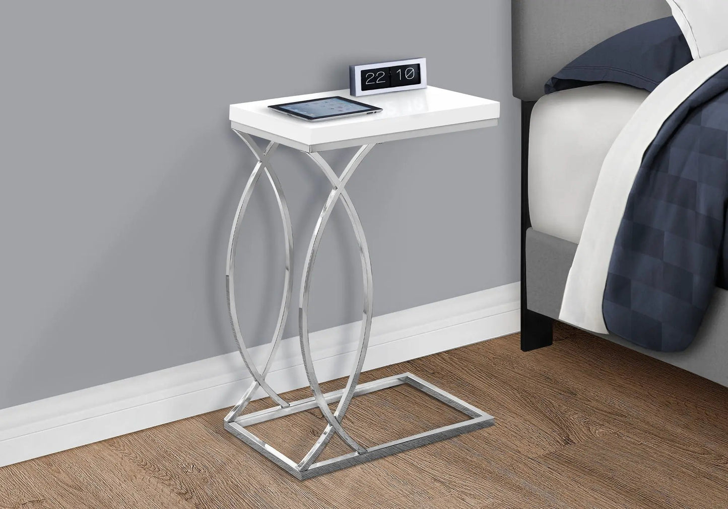 Accent table C-shaped with white glossy top and chrome metal legs on Tampa Home & Garden Store