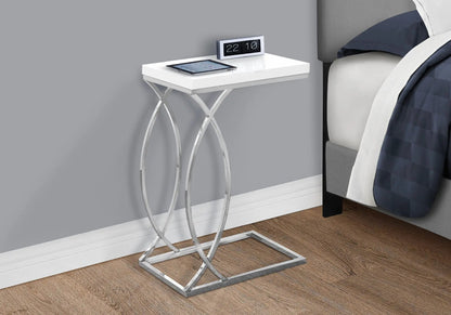 Accent table C-shaped with white glossy top and chrome metal legs on Tampa Home & Garden Store