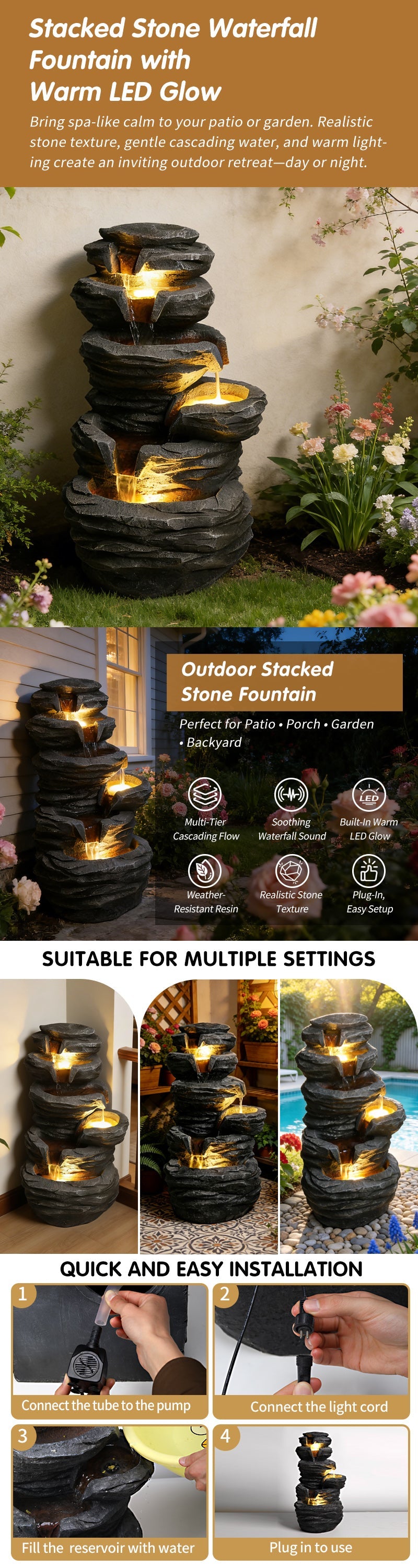 Outdoor Resin Waterfall Fountain for Garden