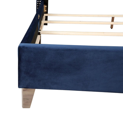 Upholstered Nailhead Trim Chic Bed by Unique Piece Furniture navy fabric wood slats on Tampa Home & Garden Store