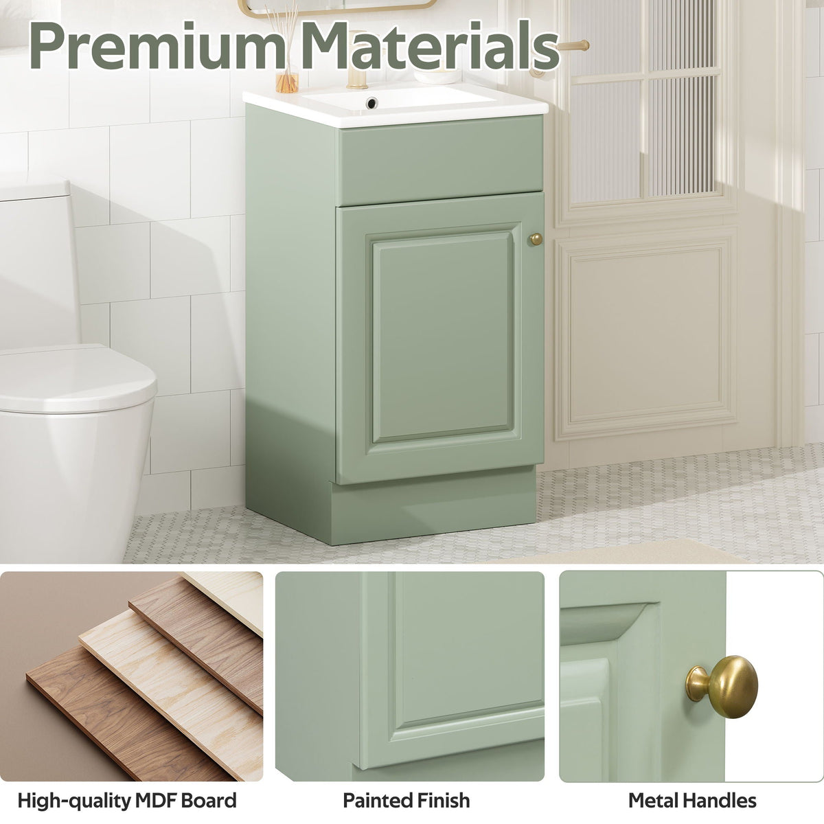 Bathroom vanity with sink and adjustable shelf in sage green painted MDF, brass knob on Tampa Home & Garden Store