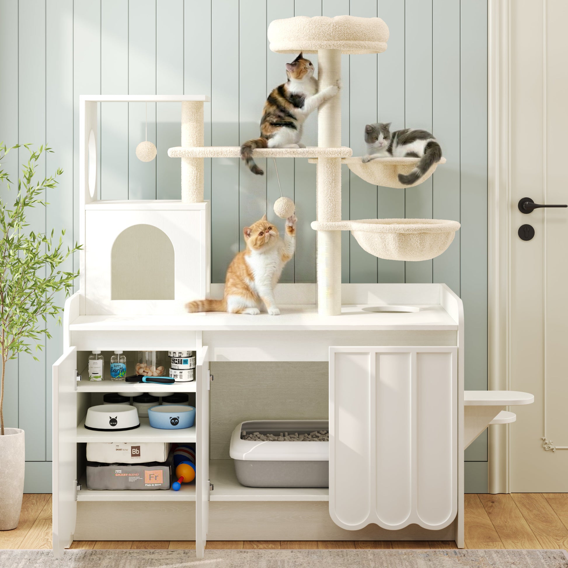 50.6 inch Cat Tree with Litter Box Enclosure in cream plush; sisal posts and storage; 3 cats on Tampa Home & Garden Store