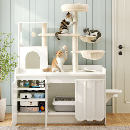 50.6 inch Cat Tree with Litter Box Enclosure in cream plush; sisal posts and storage; 3 cats on Tampa Home & Garden Store