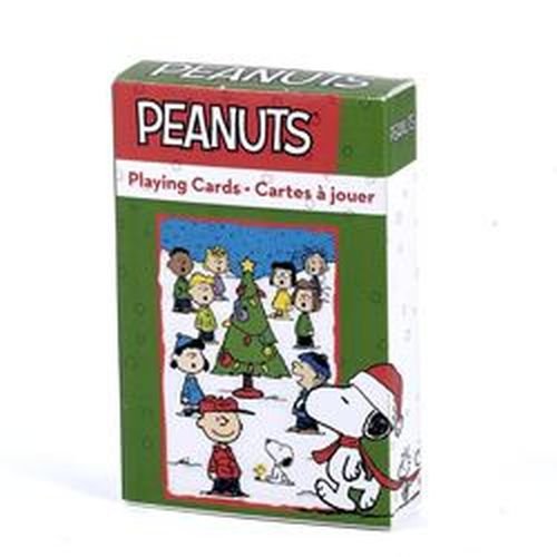 Peanuts Playing Cards set in red-green box with Snoopy in Santa hat beside a Christmas tree on Tampa Home & Garden Store