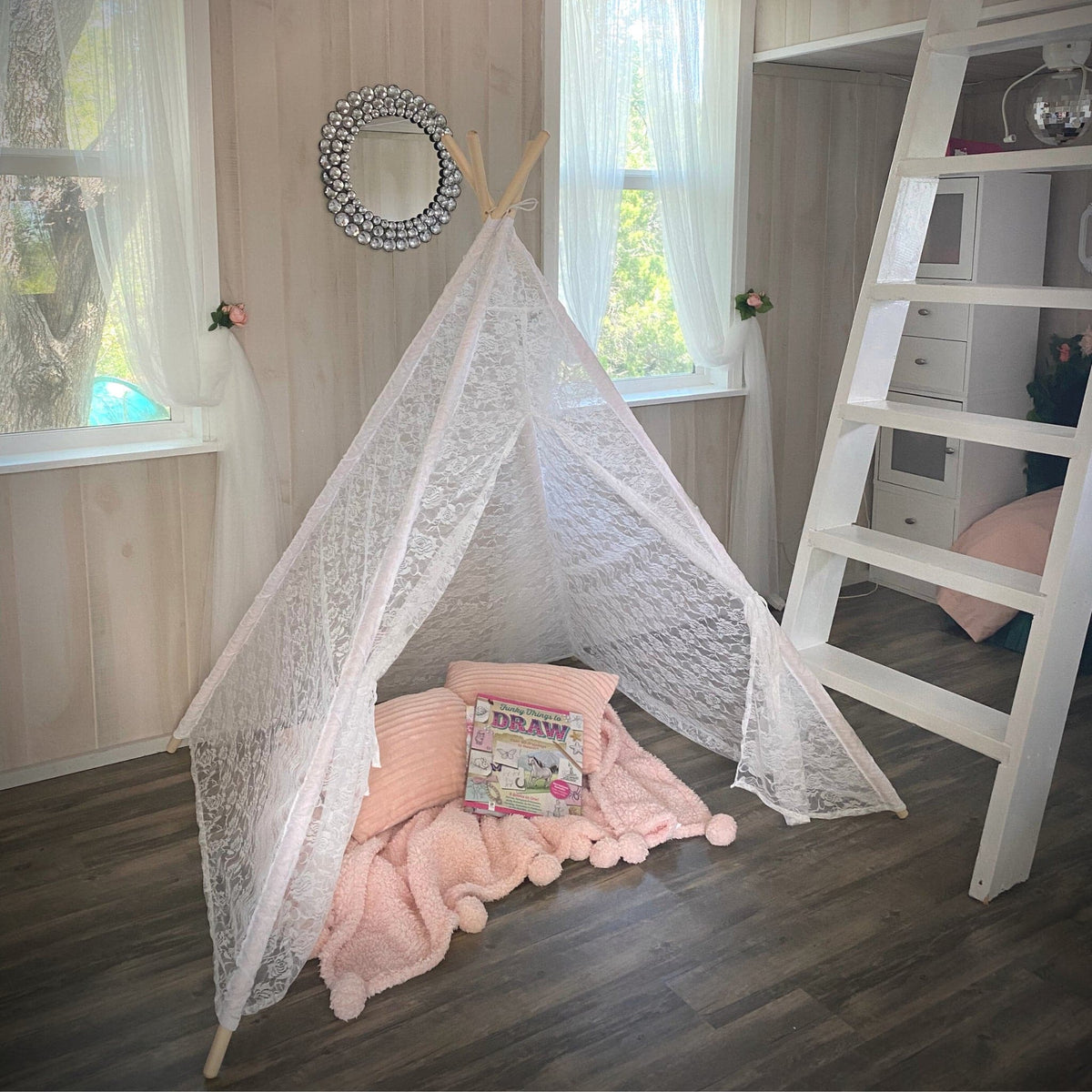 Dainty Lace Kids Tee Pee Tent, white ivory lace with wooden poles, cozy bedroom play space on Tampa Home & Garden Store