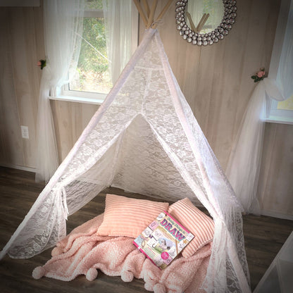 Dainty Lace Kids Teepee Tent in white ivory lace with wooden poles indoors on Tampa Home & Garden Store