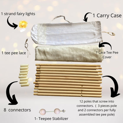 Dainty Lace Kids Teepee Tent components: 12 poles, 8 connectors, lace cover, carry case on Tampa Home & Garden Store