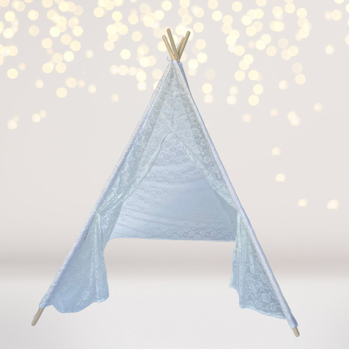 Dainty Lace Kids Teepee Tent in white ivory lace with wooden poles on Tampa Home & Garden Store
