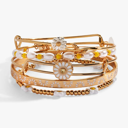 Daisy Flower Beaded Bangle Set of 5, gold-tone with white and yellow beads by ALEX AND ANI on Tampa Home & Garden Store