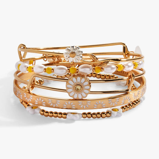 Daisy Flower Beaded Bangle Set of 5, gold-tone with white and yellow beads by ALEX AND ANI on Tampa Home & Garden Store