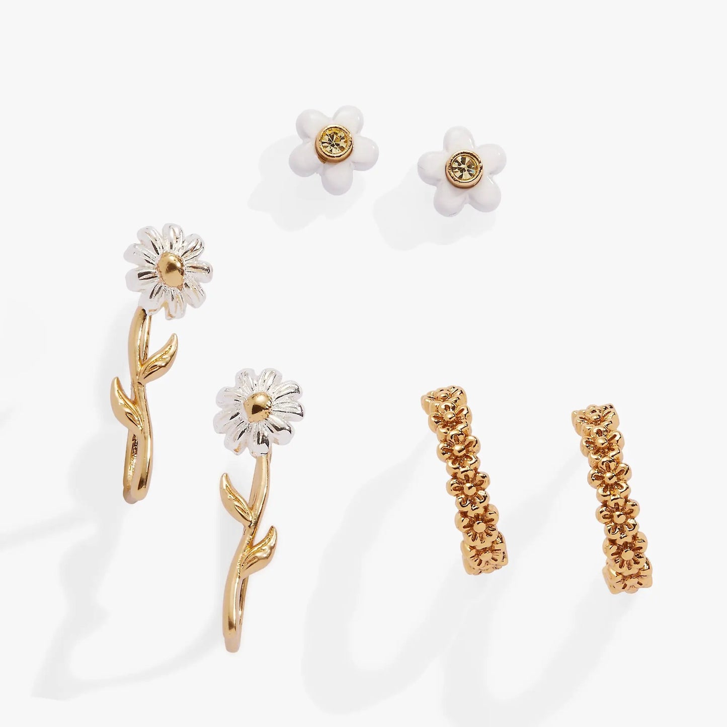 Set of 3: Daisy flower earrings by ALEX AND ANI with white daisies and gold centers on Tampa Home & Garden Store