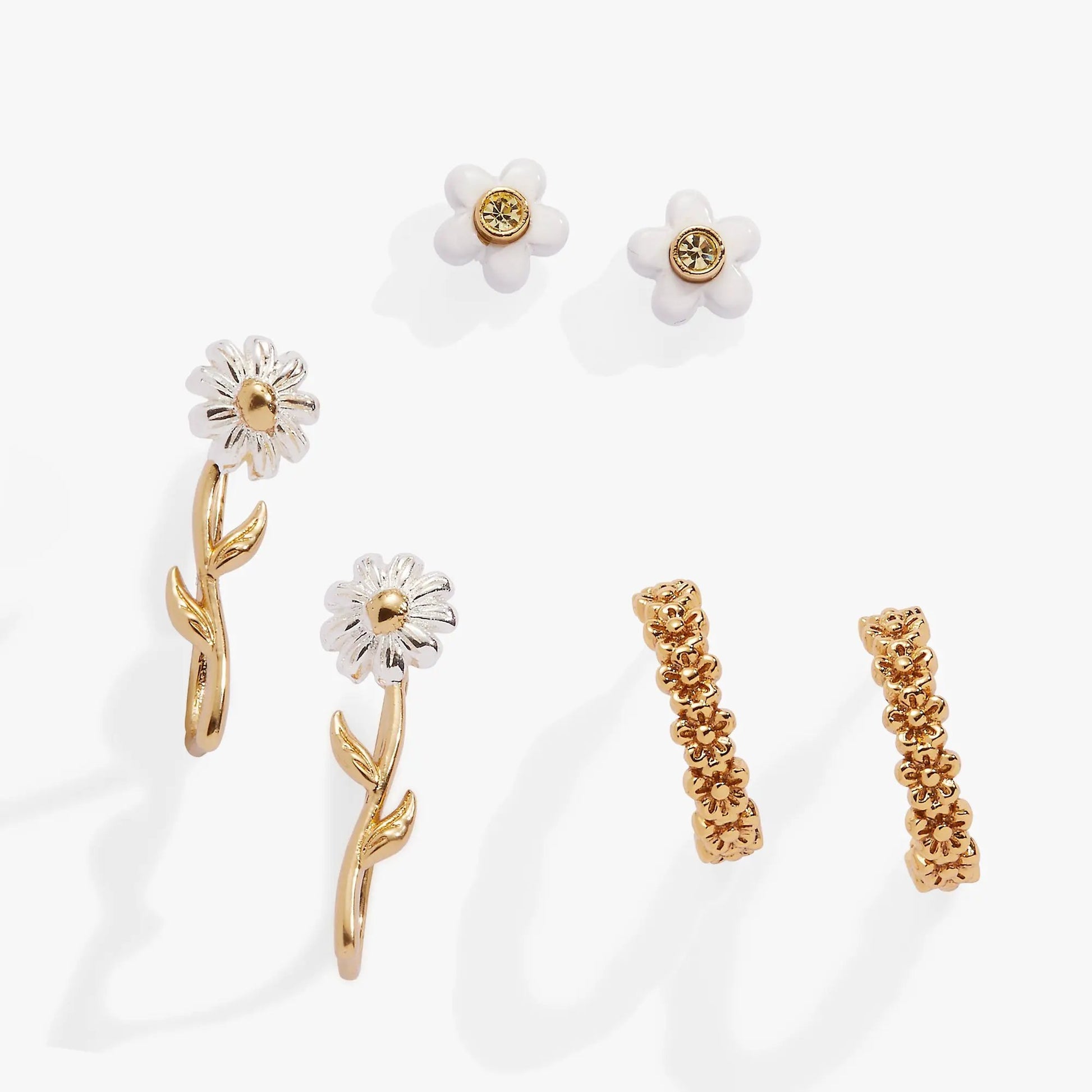 Set of 3: Daisy flower earrings by ALEX AND ANI with white daisies and gold centers on Tampa Home & Garden Store
