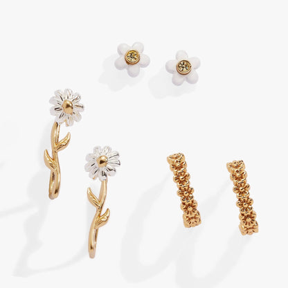 Set of 3: Daisy flower earrings by ALEX AND ANI with white daisies and gold centers on Tampa Home & Garden Store