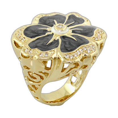 Daisy Swirl Cocktail Ring, gold-tone with black enamel petals and pave diamonds on Tampa Home & Garden Store