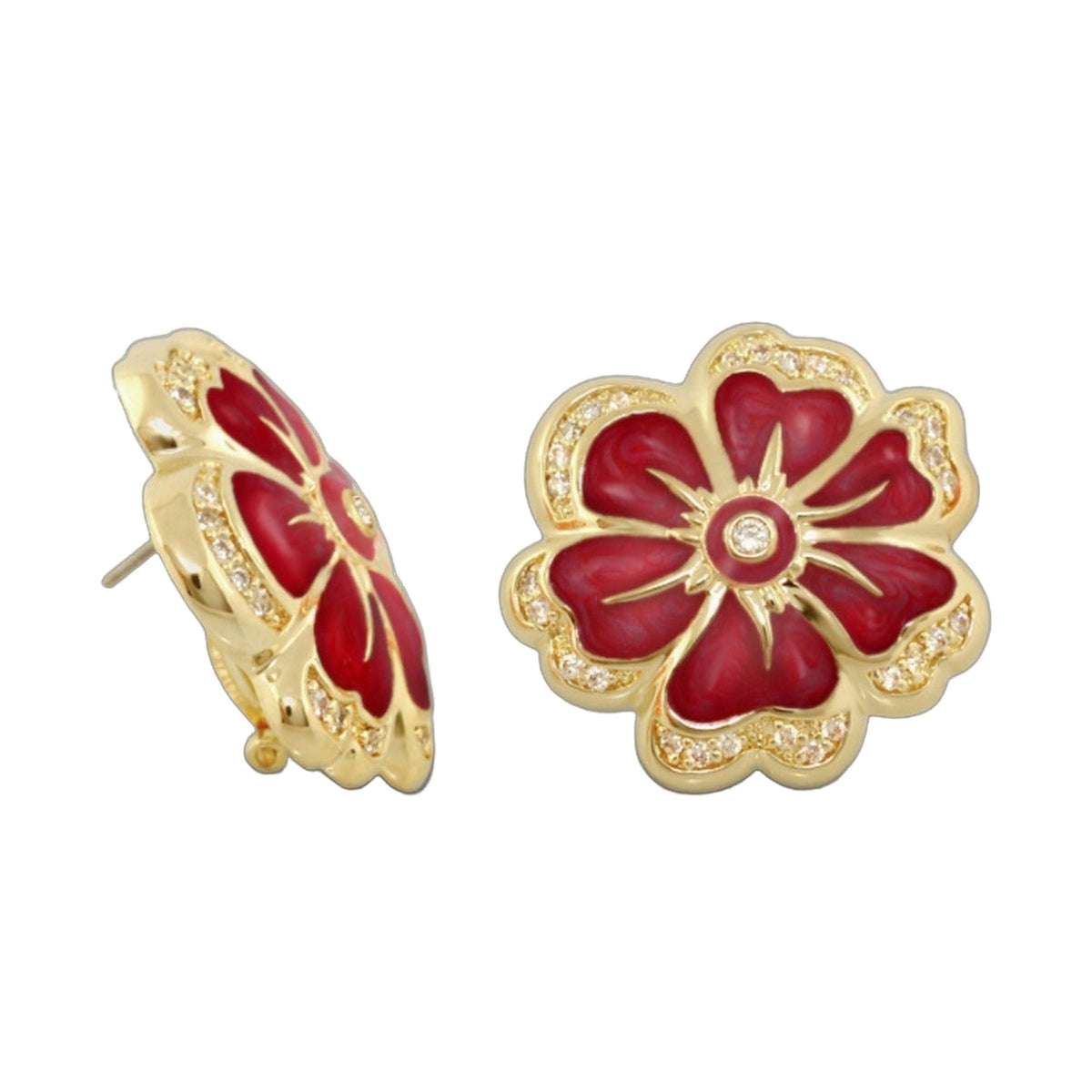Daisy Swirl Earrings Pavé Edge Flower Stud gold-tone with red enamel petals and crystals on Tampa Home & Garden Store