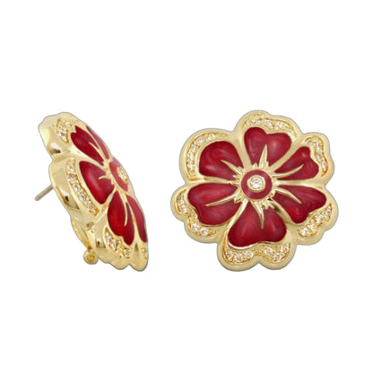 Daisy Swirl Earrings Pavé Edge Flower Stud gold-tone with red enamel petals and crystals on Tampa Home & Garden Store